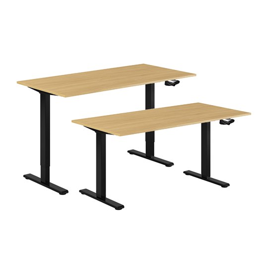 Hev og senkbart skrivebord, sveiv, svart stativ, bordplate i eik, 8 størrelser