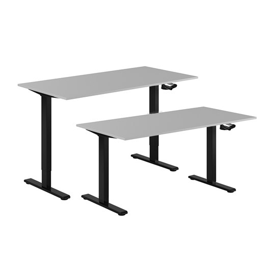 Höj- & sänkbart bord vev, svart stativ, grå bordsskiva, 8 storlekar