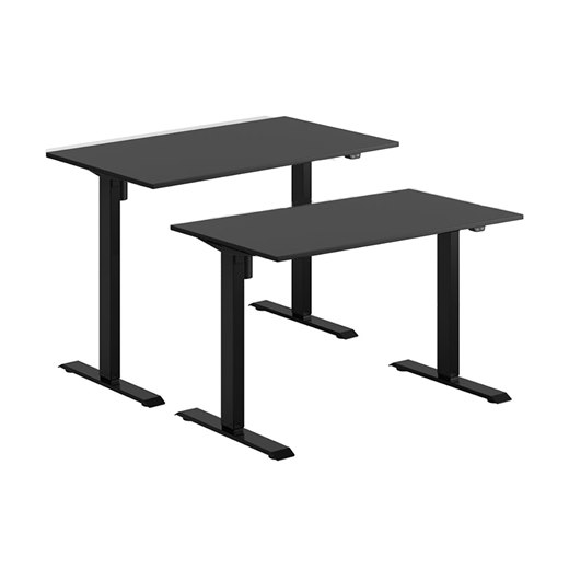 Höj- & sänkbart elskrivbord, svart stativ, svart bordsskiva, 10 storlekar