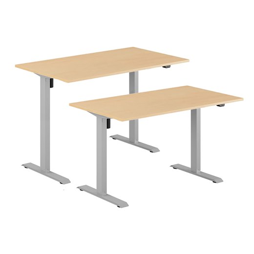 Høydejusterbart elektrisk skrivebord, grått stativ, bordplate i bok, 8 størrelser