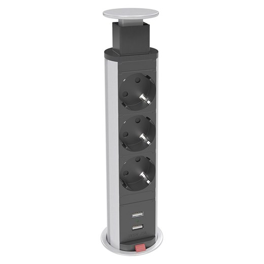 Utløpsliste PopUp - 3 eluttak, 2 USB uttak, Ø60mm, svart/silver