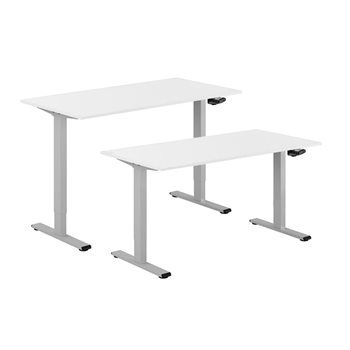 Hev og senkbart skrivebord, sveiv, grå stativ, hvit bordplate, 10 størrelser