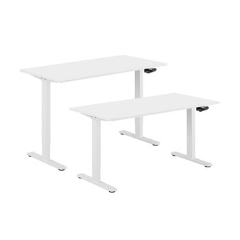 Hev og senkbart skrivebord, sveiv, hvit stativ, hvit bordplate, 10 størrelser