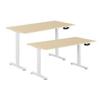 Hev og senkbart skrivebord, sveiv, hvit stativ, bordplate i bjørk, 8 størrelser