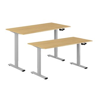 Hev og senkbart skrivebord, sveiv, grå stativ, bordplate i eik, 8 størrelser.