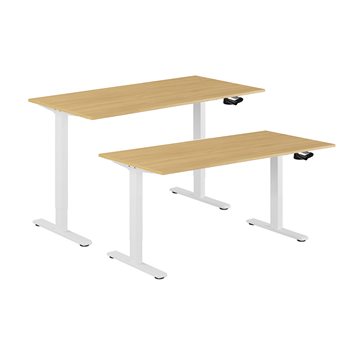 Hev og senkbart skrivebord, sveiv, hvit stativ, bordplate i eik, 8 størrelser