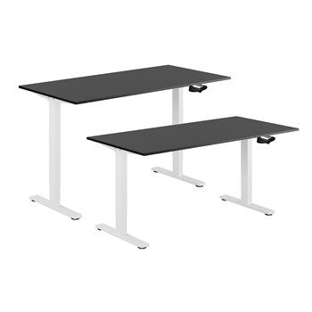 Hev og senkbart skrivebord, sveiv, hvit stativ, svart bordplate, 10 størrelser