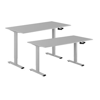 Hev og senkbart skrivebord, sveiv, grå stativ, grå bordplate, 8 størrelser