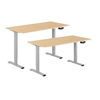 Hev og senkbart skrivebord, sveiv, grå stativ, bordplate i bok, 8 størrelser