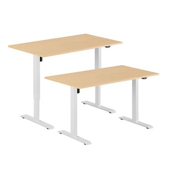 Høydejusterbart elektrisk skrivebord, hvitt stativ, bordplate i bok, 8 størrelser