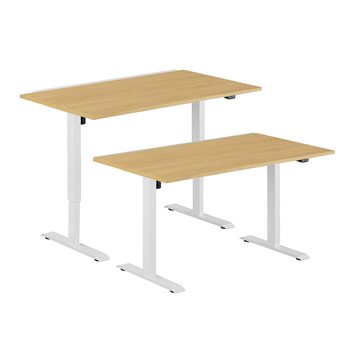 Höj- & sänkbart elskrivbord, vitt stativ, bordsskiva i ek, 8 storlekar