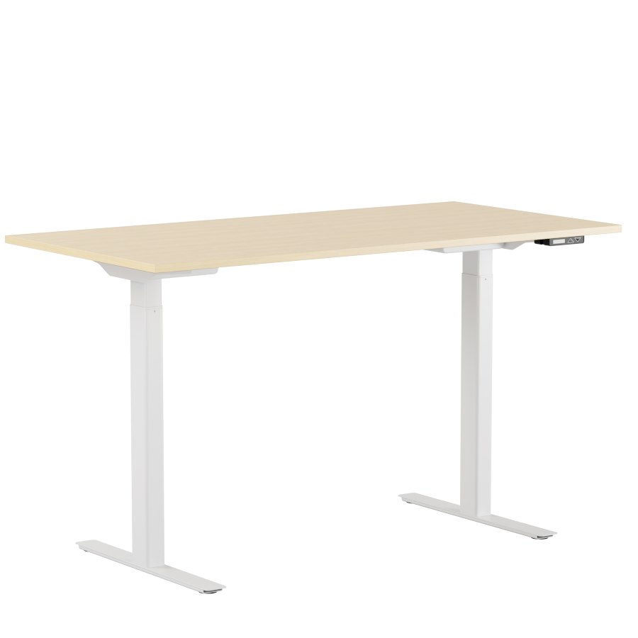 Höj och sänkbart skrivbord, digital display, vitt stativ, björk bordsskiva 140x70 cm