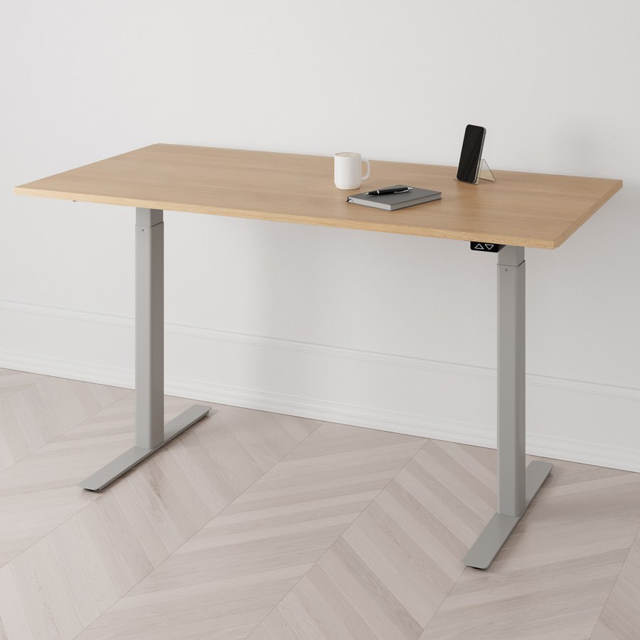 Höj och sänkbart skrivbord PREMIUM, 2-motorigt, grått stativ, ek bordsskiva 140x80cm