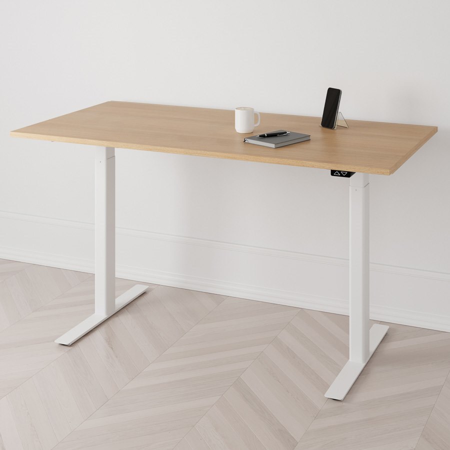 Höj och sänkbart skrivbord PREMIUM, 2-motorigt, vitt stativ, ek bordsskiva 140x80cm