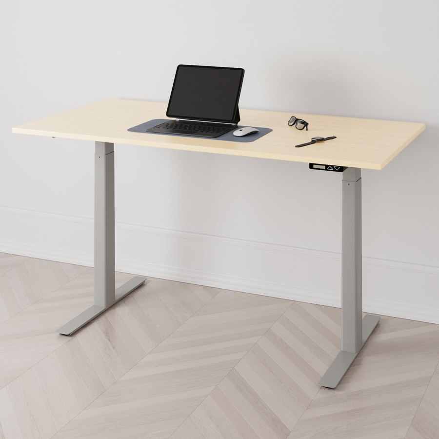 Höj och sänkbart skrivbord PREMIUM, 2 motorer, digital, grått stativ, björk bordsskiva 140x80 cm