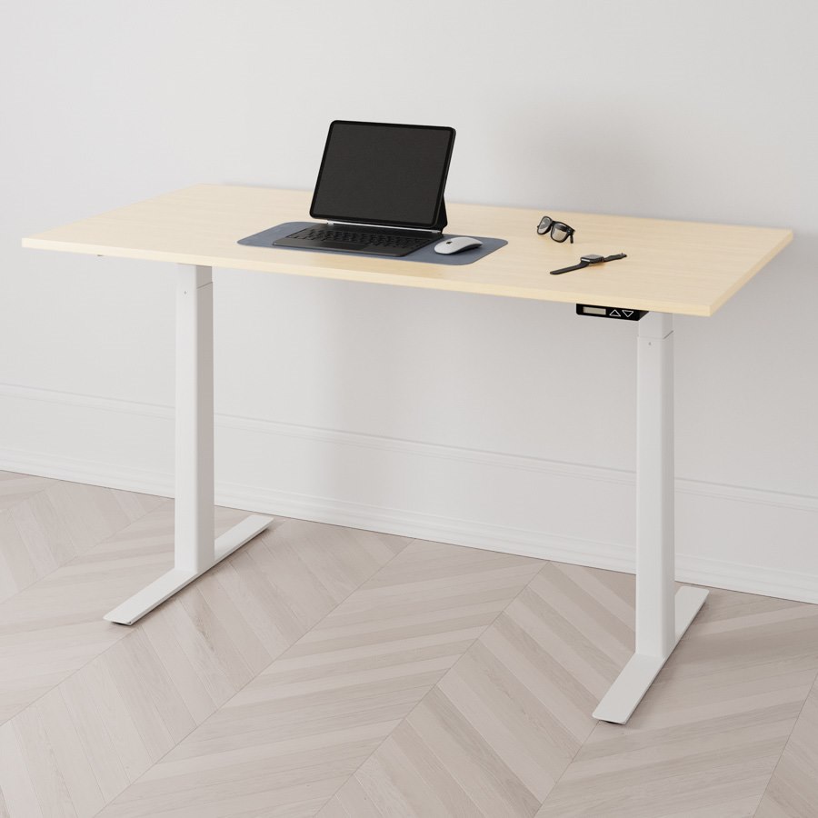 Höj och sänkbart skrivbord PREMIUM, 2 motorer, digital, vitt stativ, björk bordsskiva 120x80 cm