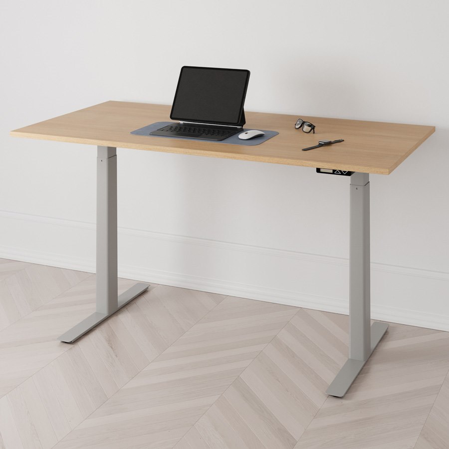 Höj och sänkbart skrivbord PREMIUM, 2 motorer, digital, grått stativ, ek bordsskiva 140x80 cm