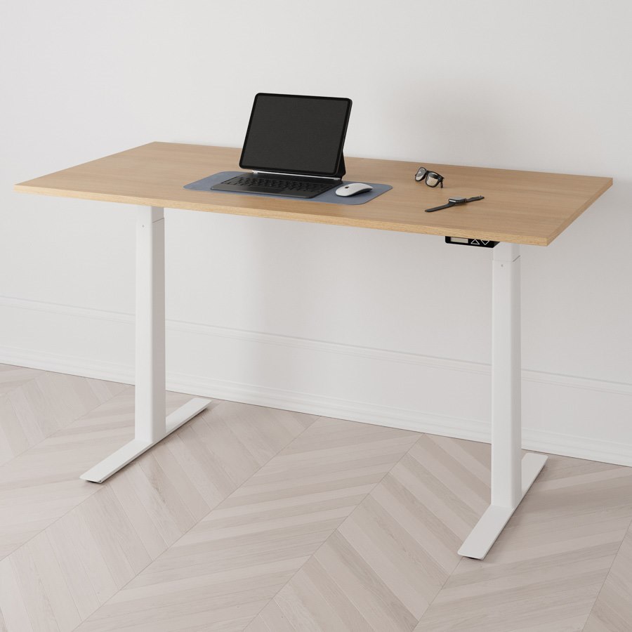 Höj och sänkbart skrivbord PREMIUM, 2 motorer, digital, vitt stativ, ek bordsskiva 140x80 cm