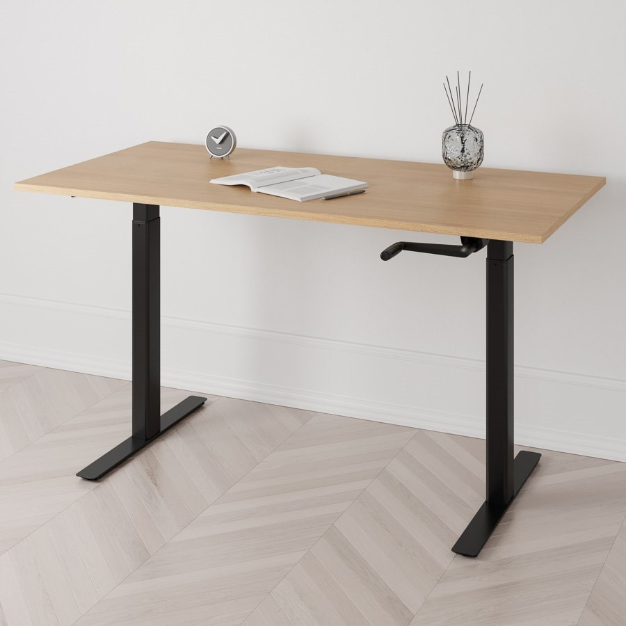 Höj och sänkbart skrivbord, vev, svart stativ, ek bordsskiva 160x80cm