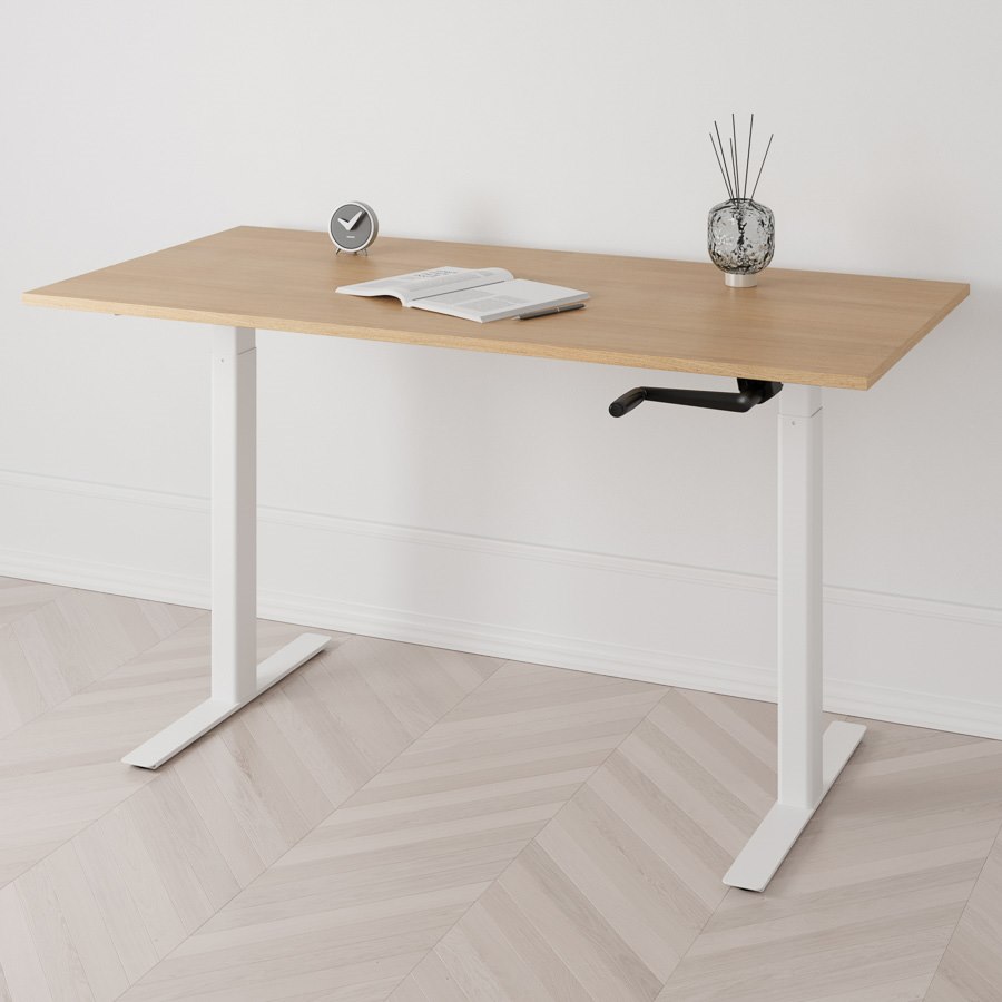 Höj och sänkbart skrivbord, vev, vitt stativ, ek bordsskiva 180x80cm