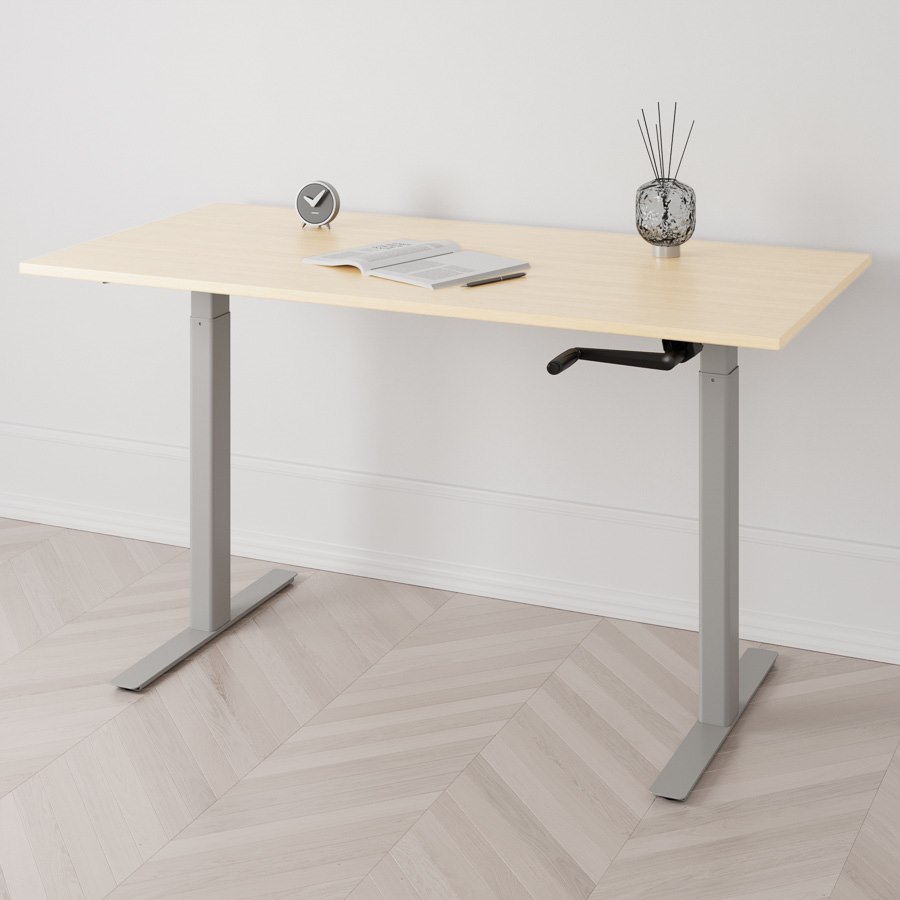 Höj och sänkbart skrivbord, vev, grått stativ, björk bordsskiva 140x80cm