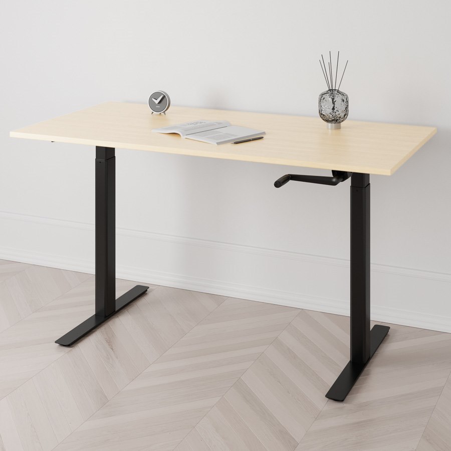 Höj och sänkbart skrivbord, vev, svart stativ, björk bordsskiva 100x70cm