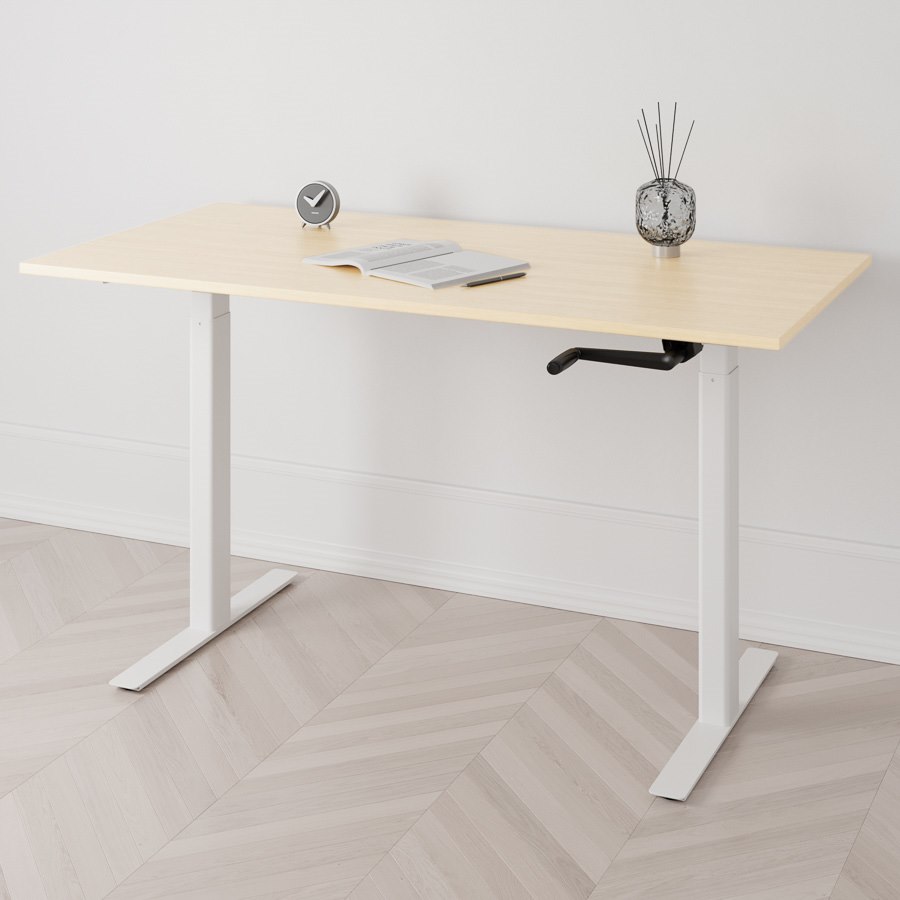 Höj och sänkbart skrivbord, vev, vitt stativ, björk bordsskiva 180x80cm