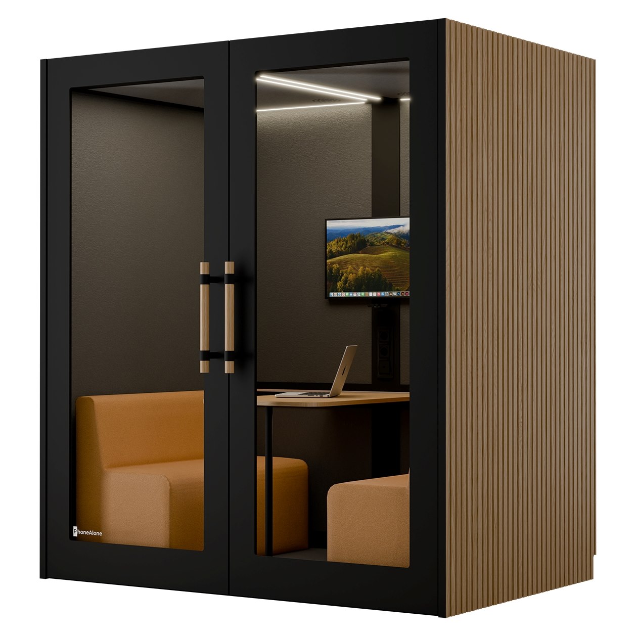 Mötesbox, tyst rum, svart med akustisk eklamell