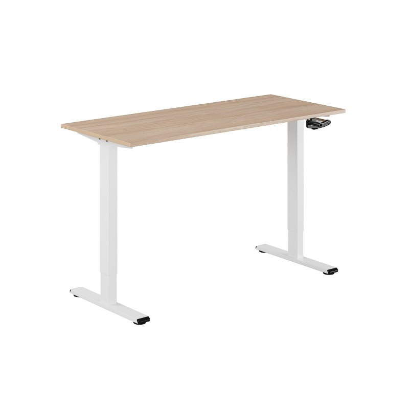 Höj och sänkbart skrivbord, vev, vitt stativ, urban oak bordsskiva 140x60cm