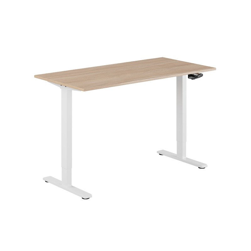 Höj och sänkbart skrivbord, vev, vitt stativ, urban oak bordsskiva 140x70cm
