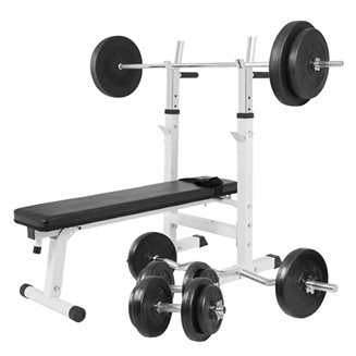 Gorilla Sports Benkpress HVIT vektstang, curlstang, manualsett, Pakke Stativer & Benker