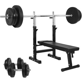 Gorilla Sports Benkpress SVART Vektstang og manualsett - 70 kg, Treningsbenk med skivestangstativ