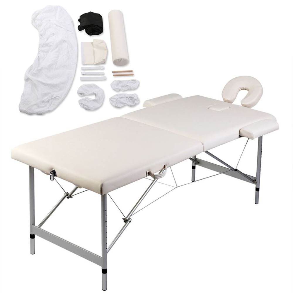 vidaXL Hopfällbart massagebord 2 zoner + tillbehör gräddvit