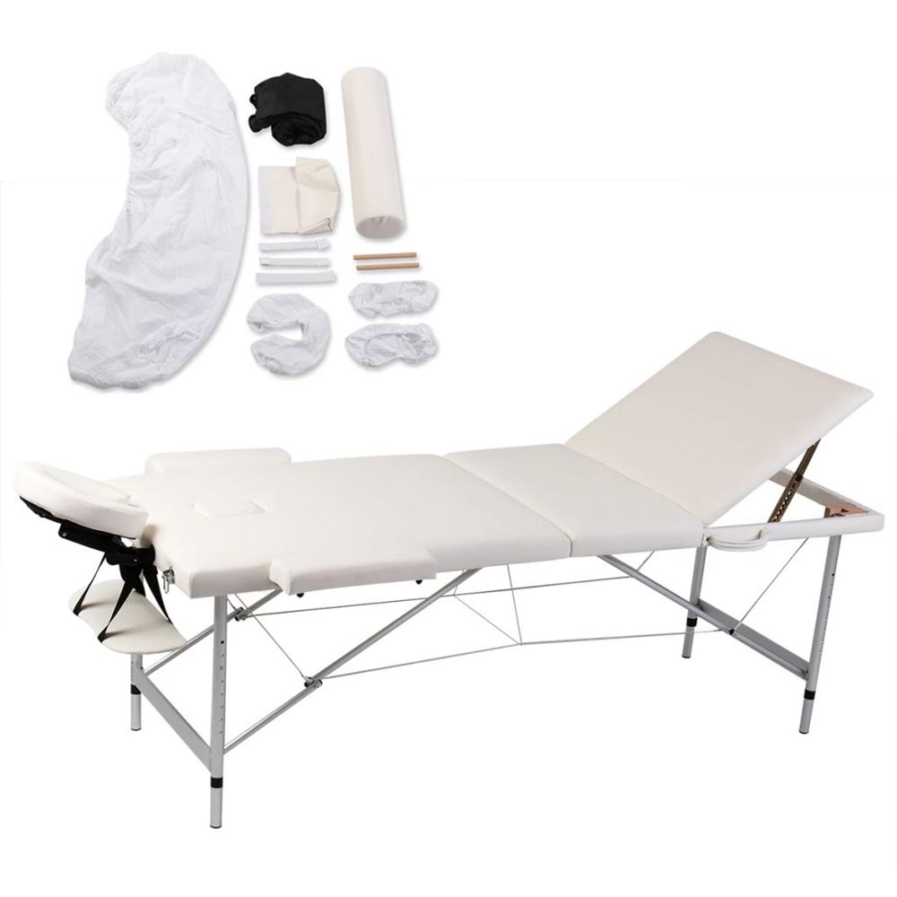 vidaXL Hopfällbart massagebord 3 zoner + tillbehör gräddvit