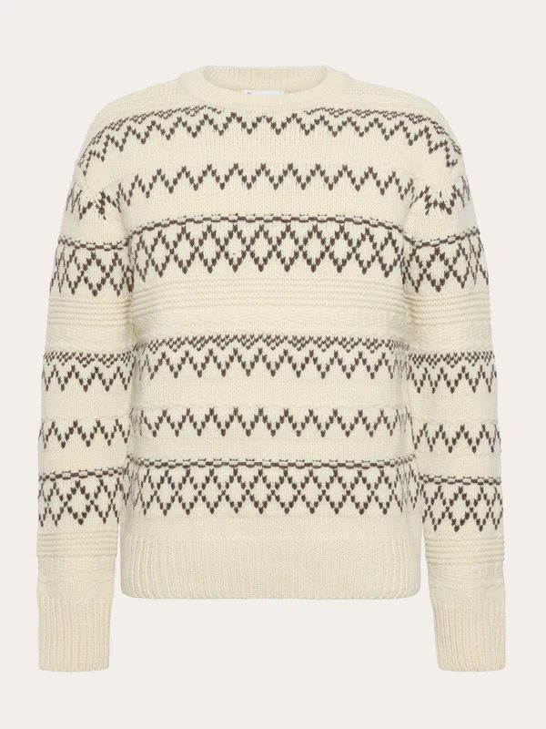 KnowledgeCotton Apparel Knitted Pattern Crew Neck Beige Stripe