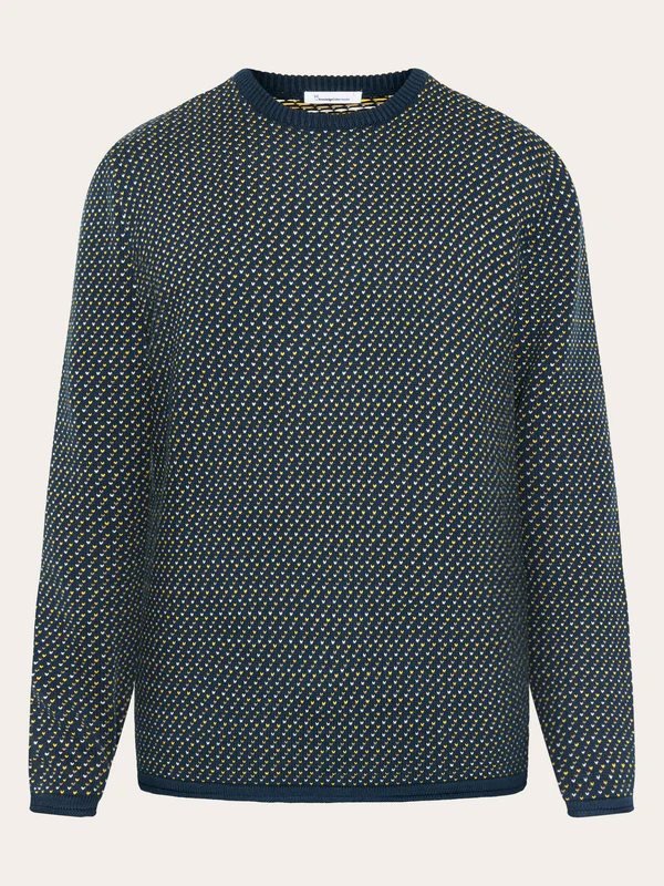 KnowledgeCotton Apparel Jacquard Crew Neck Knit Blue