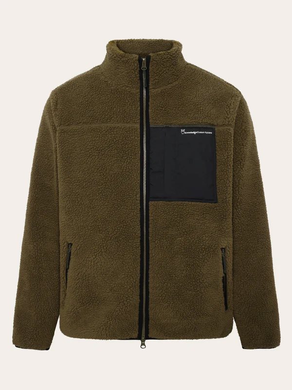 KnowledgeCotton Apparel Teddy Fleece Zip Sweat Dark Olive