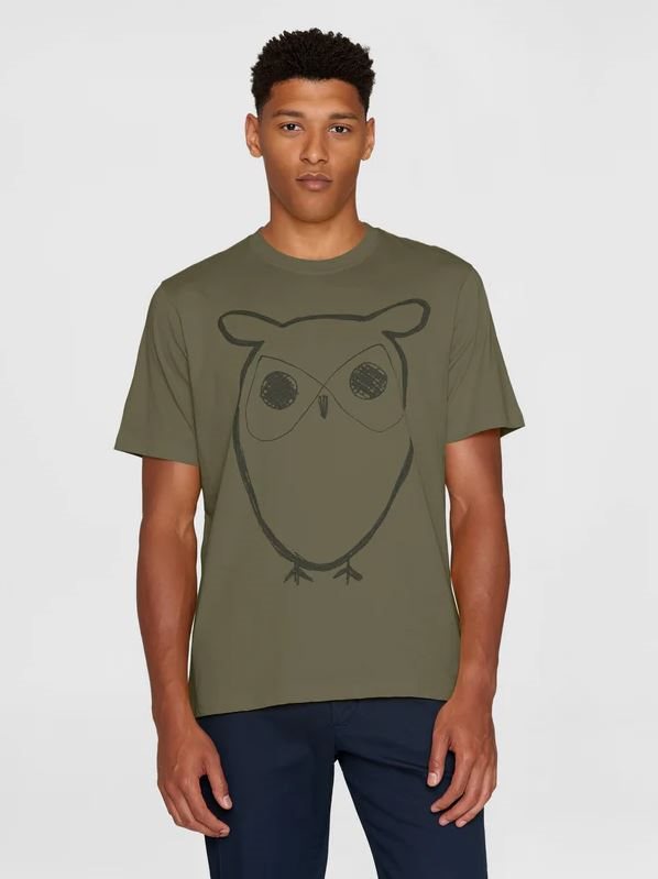 KnowledgeCotton Apparel Regular Big Owl Front Print T-Shirt Burned Olive