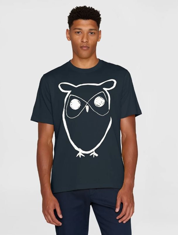 KnowledgeCotton Apparel Regular Big Owl Front Print T-Shirt Total Eclipse