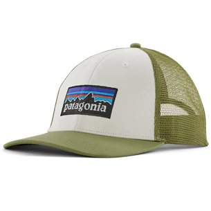 Patagonia P-6 Logo LoPro Trucker Hat White W/Buckhorn Green