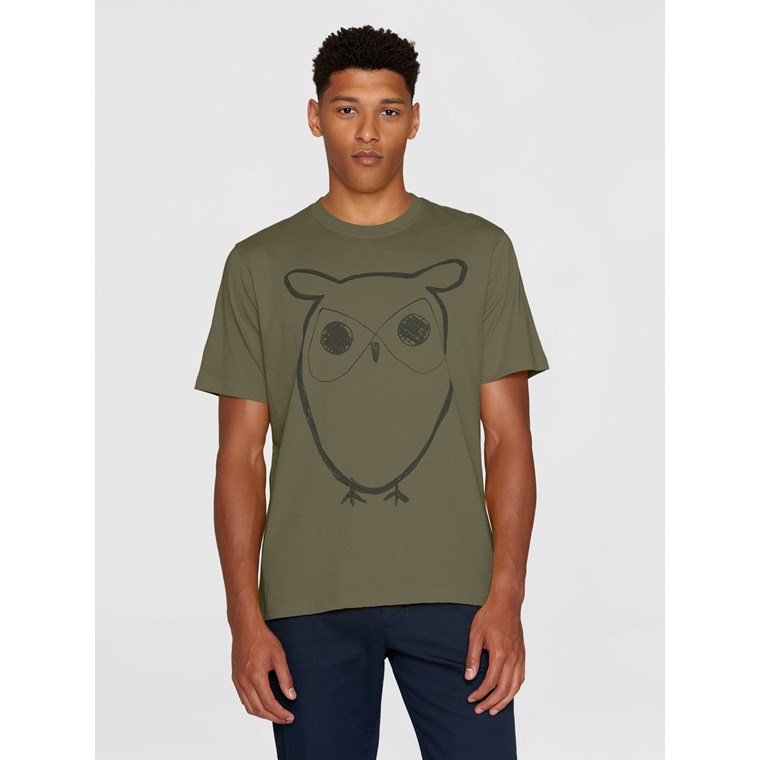 KnowledgeCotton Apparel Regular Sl Heavy Single Owl Cross Stitch Print T-Shirt