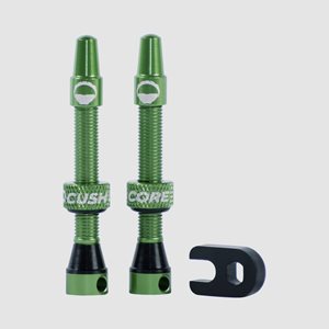 Tubelessventil CushCore Tubeless Presta Valve Set 55 mm, aluminium, 2-pack, grön + ventilkärneverktyg