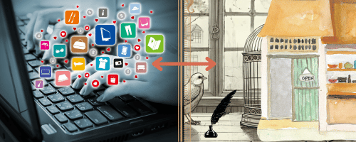 Bilden beskriver modern ehandel och historisk handel i form av en fågelbur.