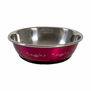 Kattskål - Rostfri - Anti-slip - Rosa med fiskmotiv - 350 ml