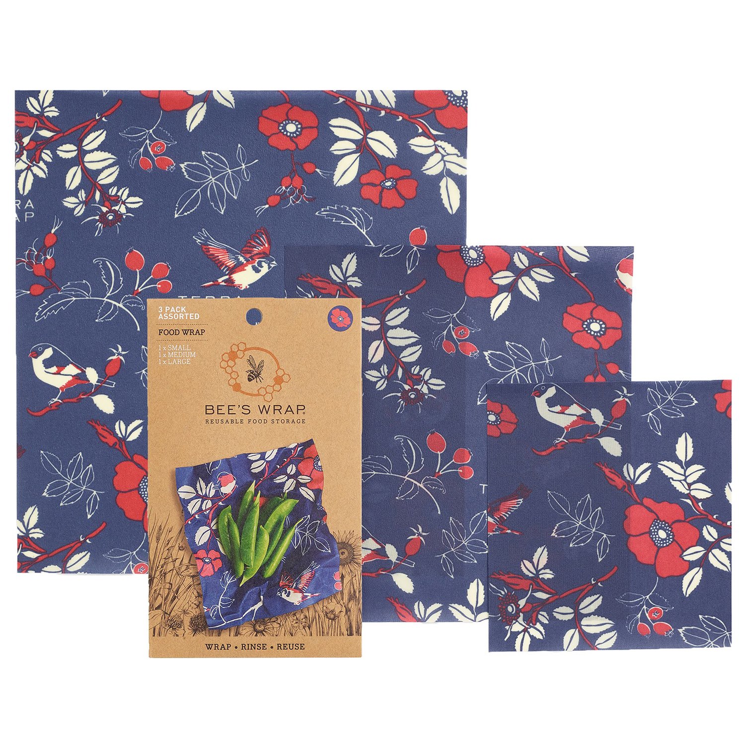 Bee's Wrap Naturligt Folie Assorted Set (S/M/L), 3 st Botanical Blue