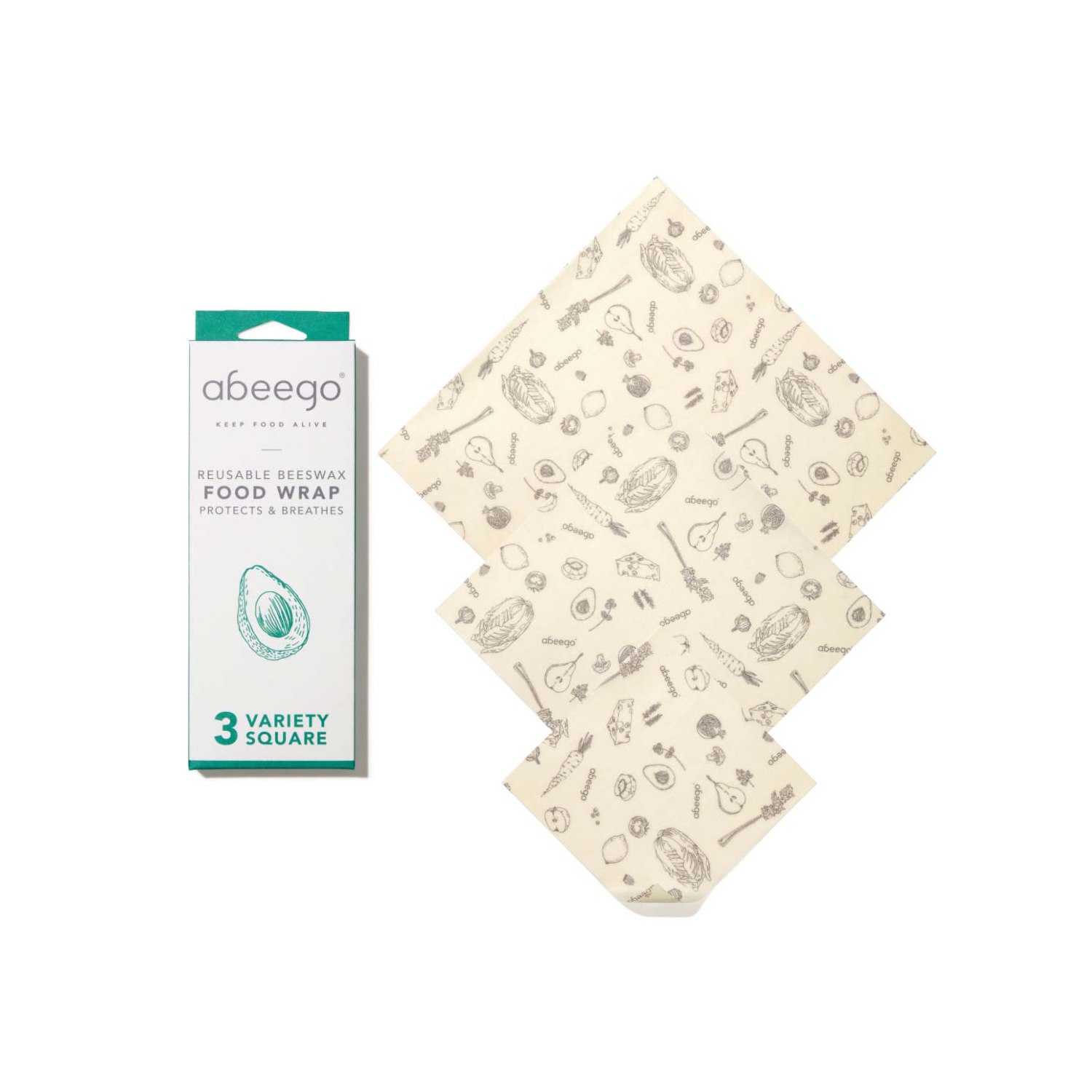 Abeego Beeswax Food Wrap - Variety Square, 3 st