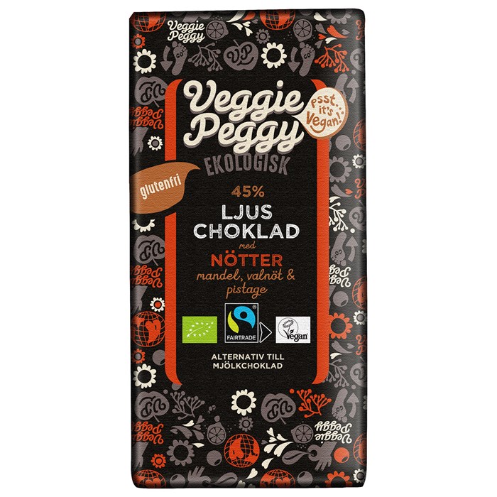 Veggie Peggy Ekologisk Ljus Choklad med Nötter, 85 g