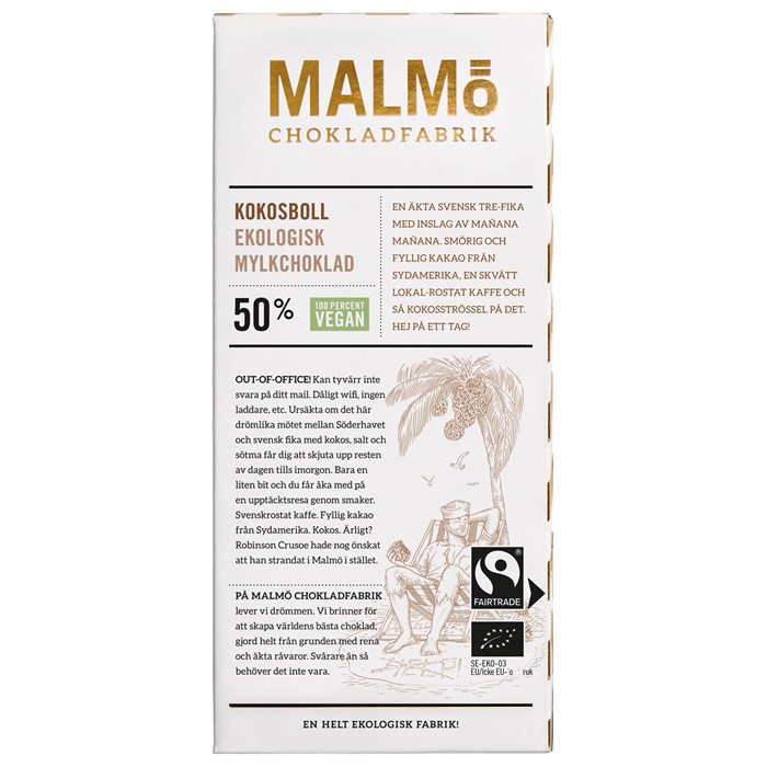 Malmö Chokladfabrik Tegel Mylkchoklad Kokosboll 50%, 80 g