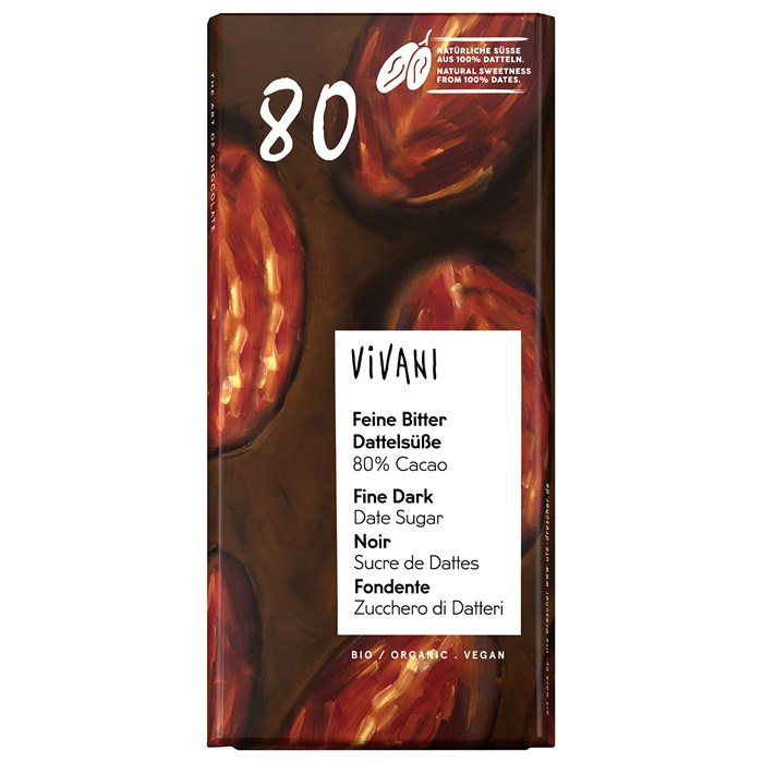 Vivani Ekologisk Mörk Choklad med Dadelsocker 80%, 80 g