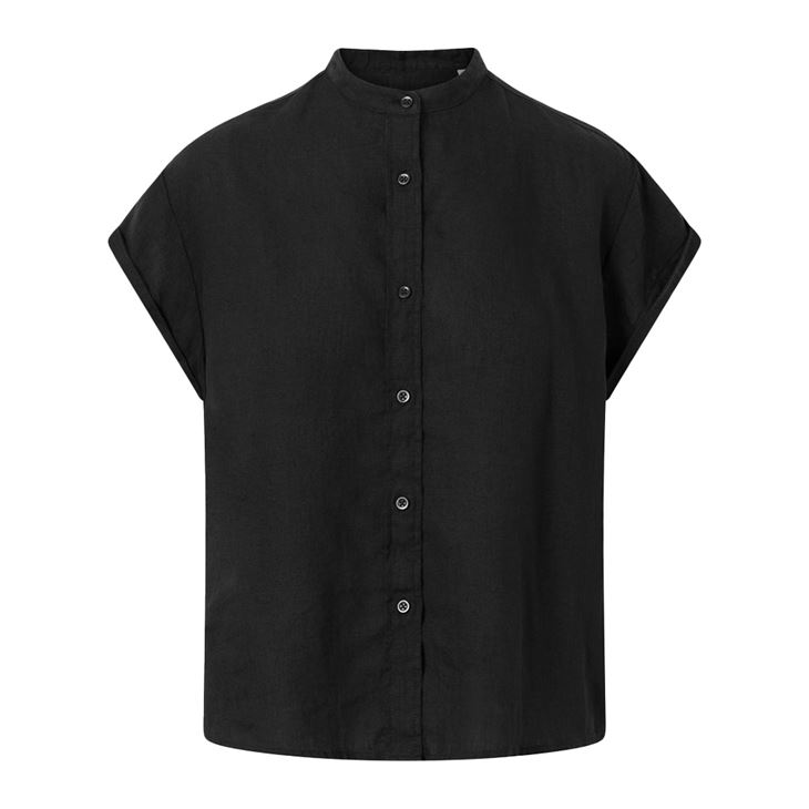 Knowledge Cotton Collar Stand Short Sleeve Linen Shirt Dam